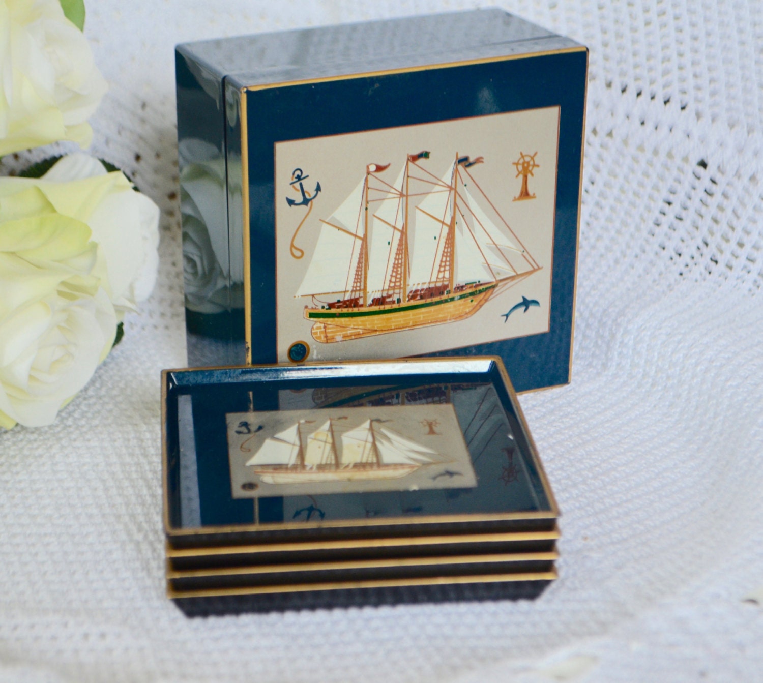 NAUTICAL COASTER SET Set of Four Lacquerware by StudioVintage