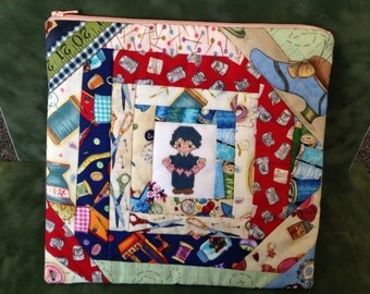 zippered stitchery pouch...Precious Moments Cross Stitch Pouch...Crazy Quilted Pouch..Button Fabric...Sewing fabric crazy quilted pouch