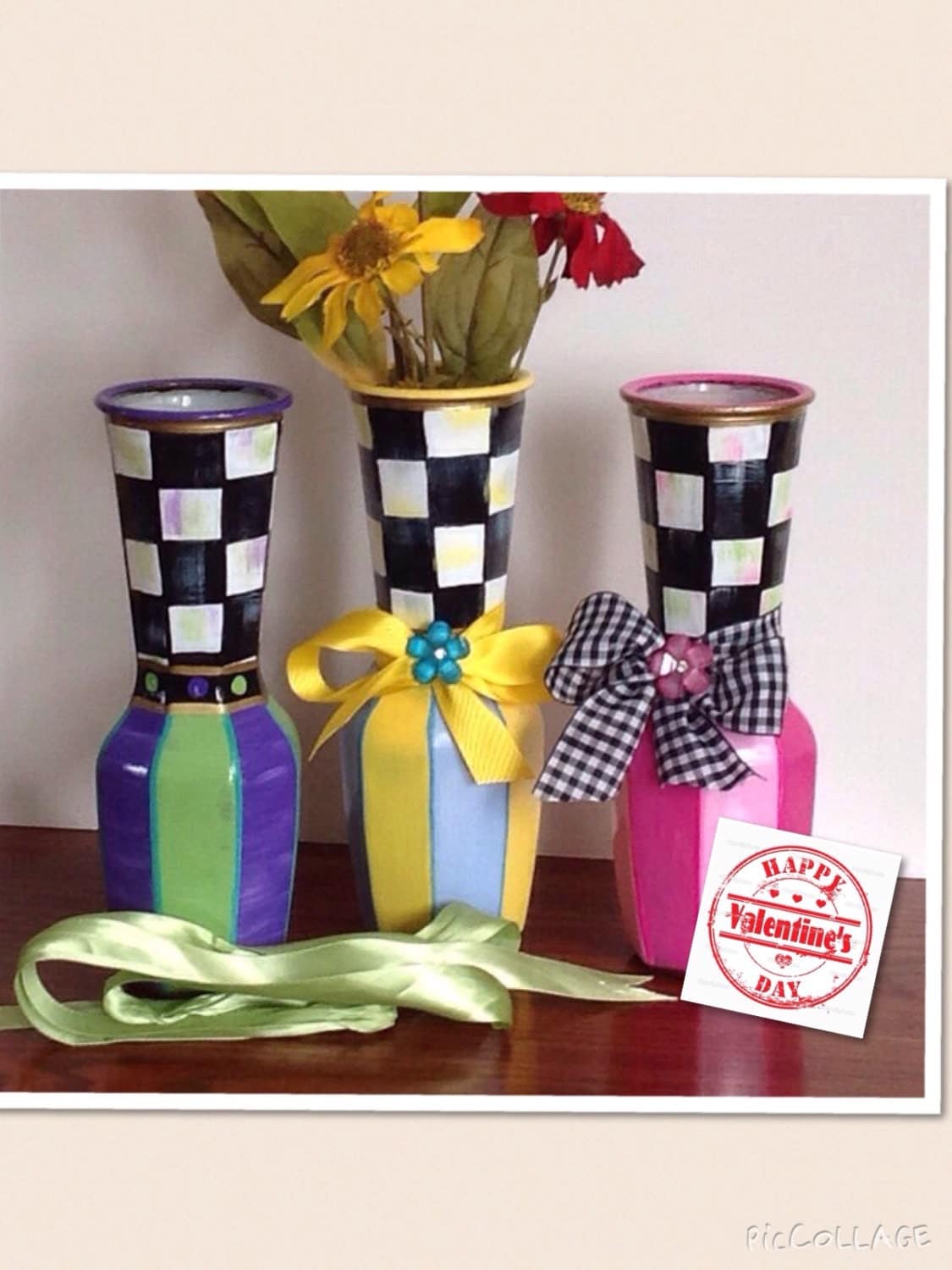 Whimsical colorful glass vase hand painted stripesblack and