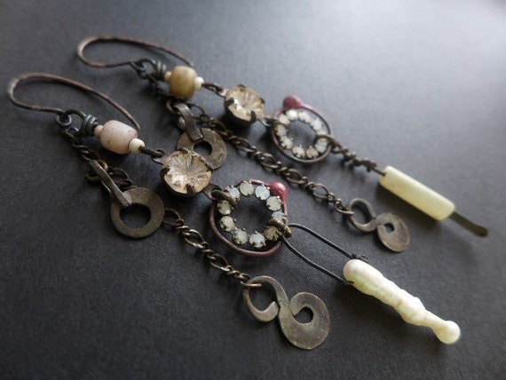 Diadem. Rustic Victorian tribal long dangle earrings.