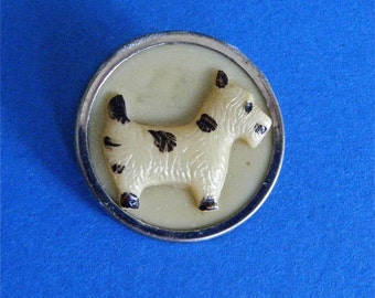 Spotted Terrier Dog Vintage Plastic Circle Pin Brooch