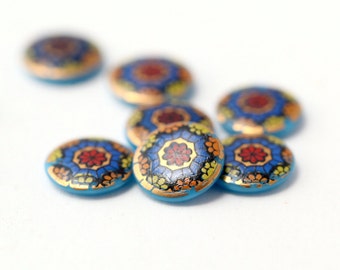 Vintage Turquoise Gold Japanese Porcelain Cabochons Floral Flowers Cabs 10mm (8)