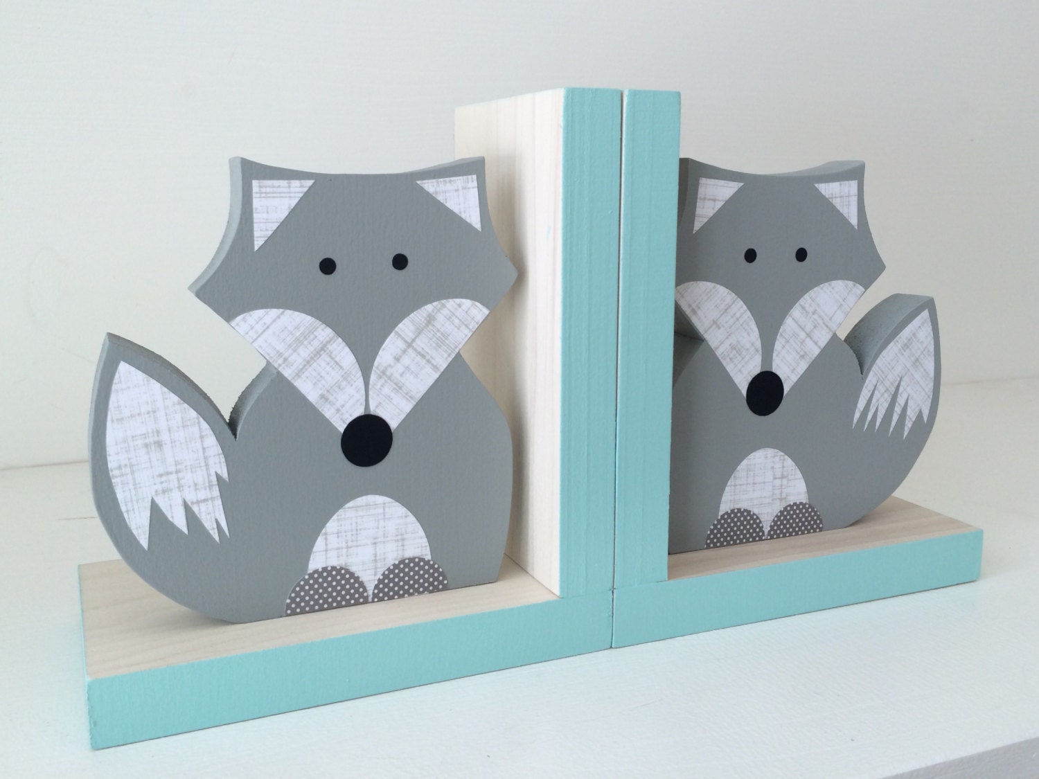 Fox Bookends Gray and Aqua Blue Woodland Nursery by MapleShadeKids