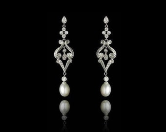 Art Deco pearl earrings vintage style lacy LONG pearl drop wedding earrings crystal pearl drop wedding bridal jewelry