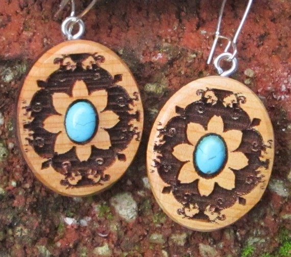 Flower Mandala Wood Earrings-  In Juniper Wood with Turquoise (042- Wooden Jewelry, Boho Jewelry