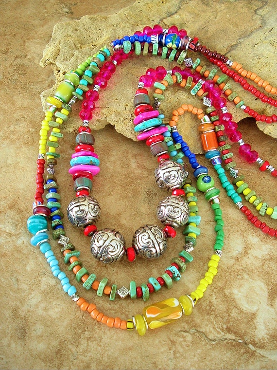 Boho Fashion Necklace Colorful Beaded Necklace Long Layered