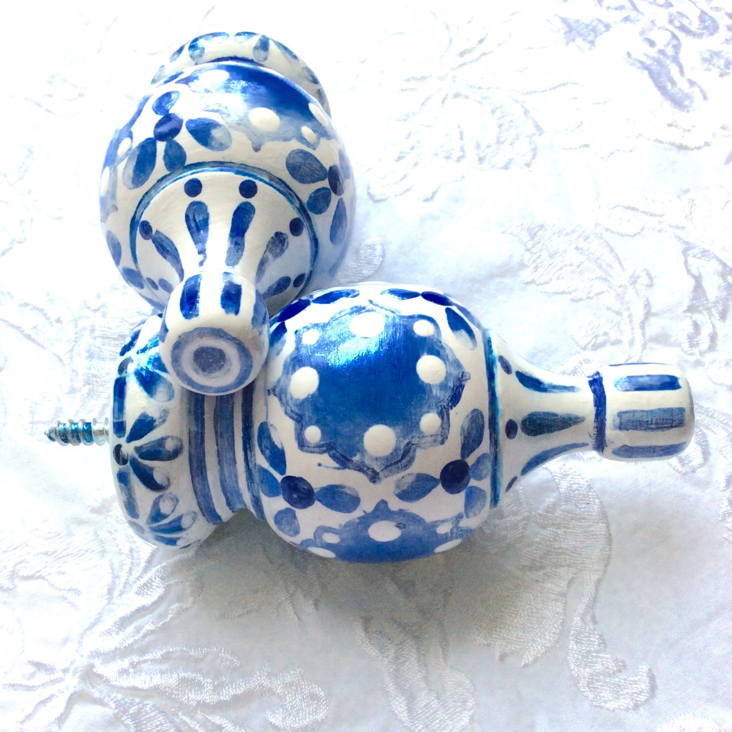 Curtain Finials Painted in Blue and White by