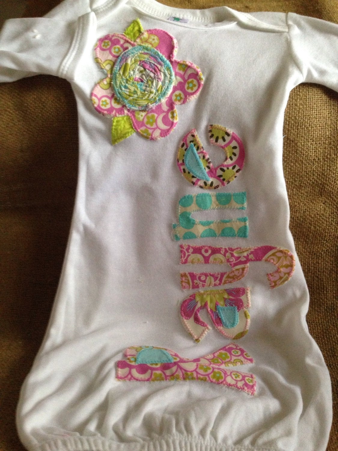 Personalized infant gown flower applique girl baby gown