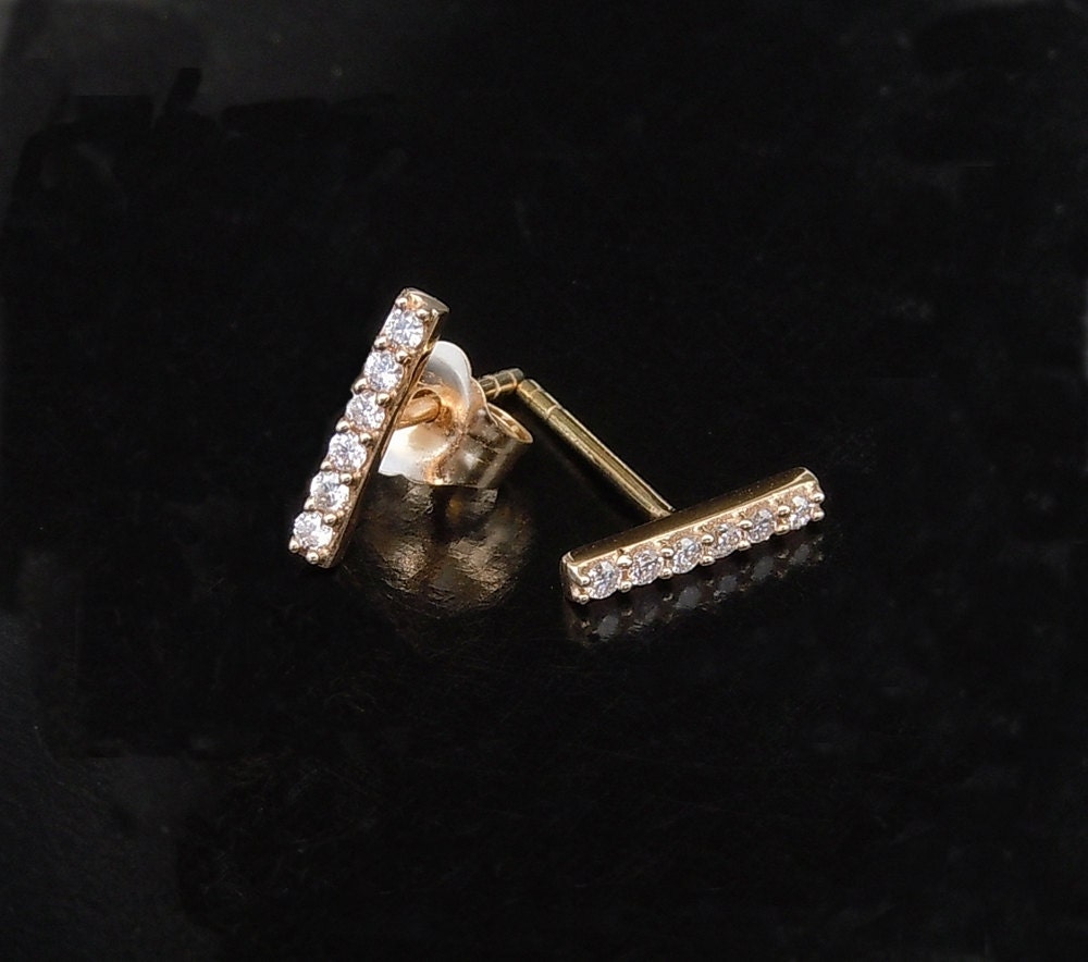 Tiny Diamond Bar Earrings 14kt Solid Gold