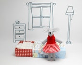 Miniature red stuffed felt mouse in Brooklyn map matchbox bed
