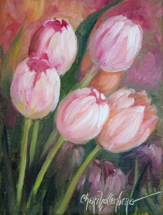 Pink Tulip Floral Still Life Painting 6x8 by OilPaintingsByCheri