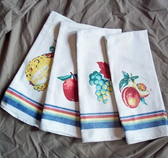 Set of 4 FruitThemed Cotton Dish Towels Fruit by vintagedazzle