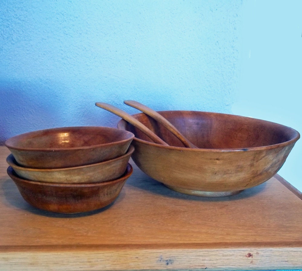 Vintage Turned Wooden Bowls and Utensils Salad Set Primitive