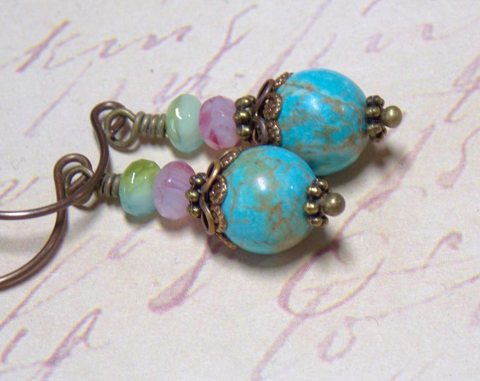 Czech Glass Earrings Boho Earrings Turquoise Earrings Pink Green Blue Earrings Vintage Style Dangle Drop Gift Small Light Dainty Earrings