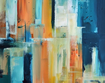 Cityscape Original Abstract Painting Urban City Teal Orange Yellow Modern Art 20x16"