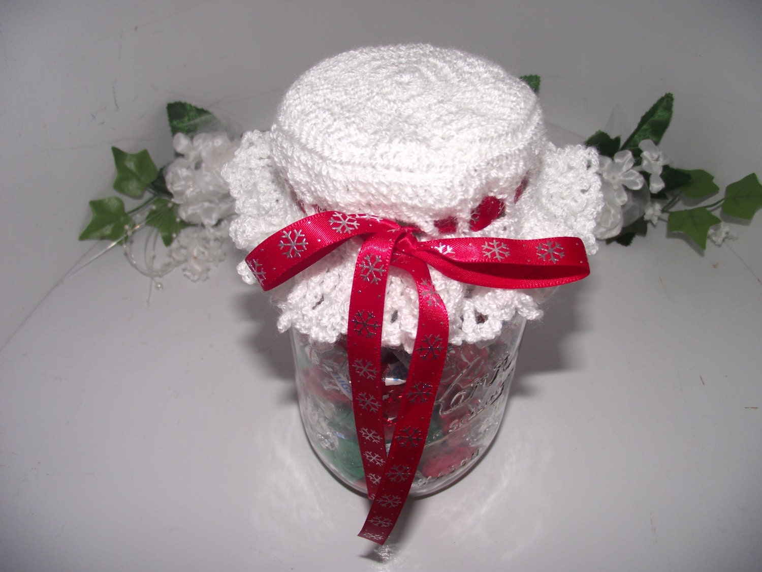 White Crochet jar lid cover with ribon
