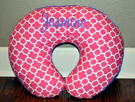 NURSING PILLOW COVER - Monogrammed/Personalized Custom Raspberry Quatrefoil & Minky Dot Nursing Pillow Cover with Zipper Closure