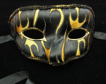 Burnin' Flame Mask, Black and Gold Flames Satin Covered Masquerade Mask