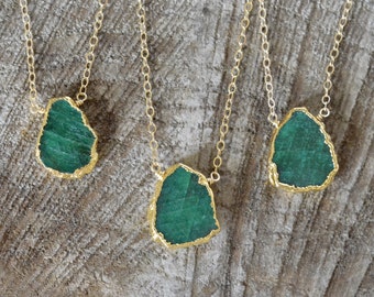 Emerald Necklace, May Birthstone, Gold Filled, Emerald Slice with Gold Electroplate, Rough Emerald, Rustic Boho Gypsy