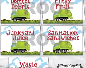 Garbage Truck Birthday Party Food Label Tent Cards, Five Cards, Trash Smash Mash Crash, Red Blue Green, Boy's Birthday Party (Digital Files)