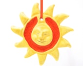 Yellow and Orange Sun Ornament, Hand-built Sun Sculpture, Ceramics and Recycled Orange Glass