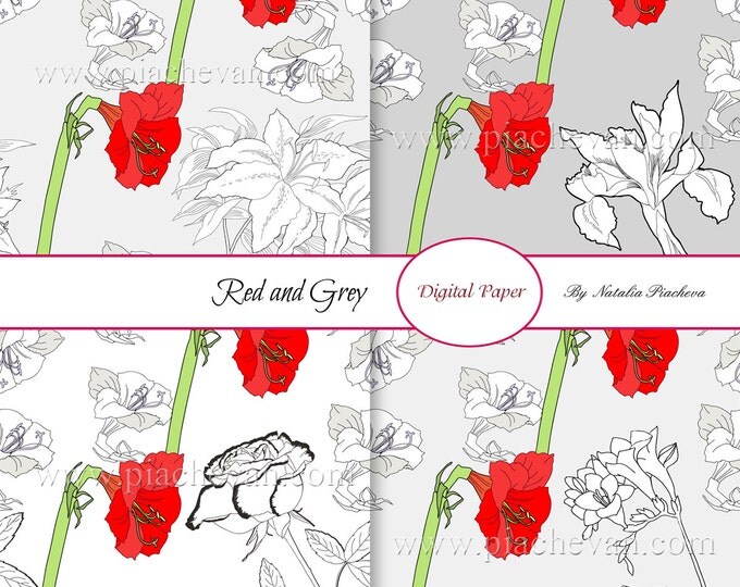 Digital Paper. Red and Grey, amaryllis, tulip, peony, digital paper, scrapbooking, bouquet, flowers, botanical, digital Sheet