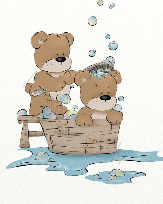 8 x 10 Childs Bathroom Art Teddy Bears Taking a Bath Wall