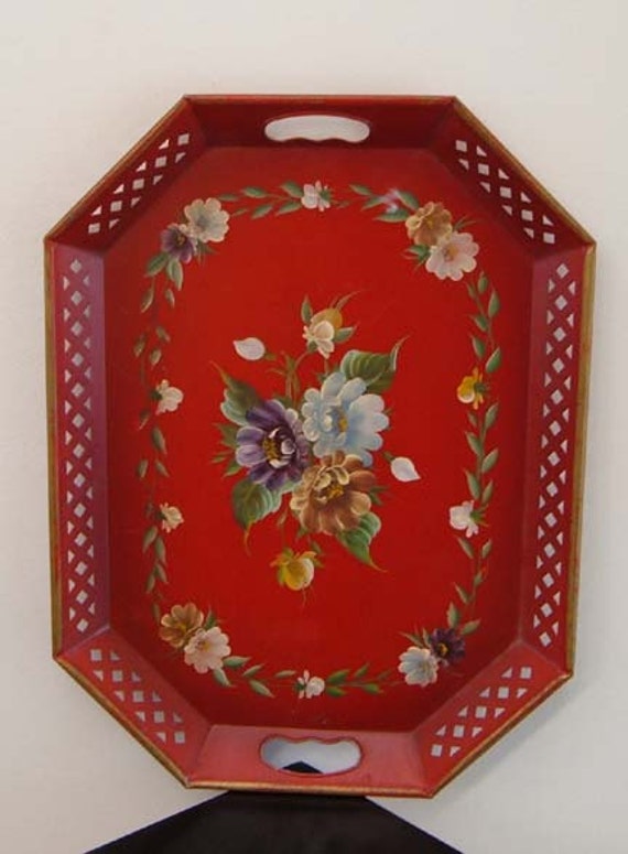 SALE Vintage Christmas Red Tole Tray Reticulated Handled