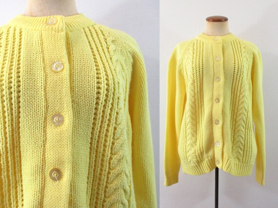 1960s Grandma Cardigan Sweater Dandelion Bright Yellow Button