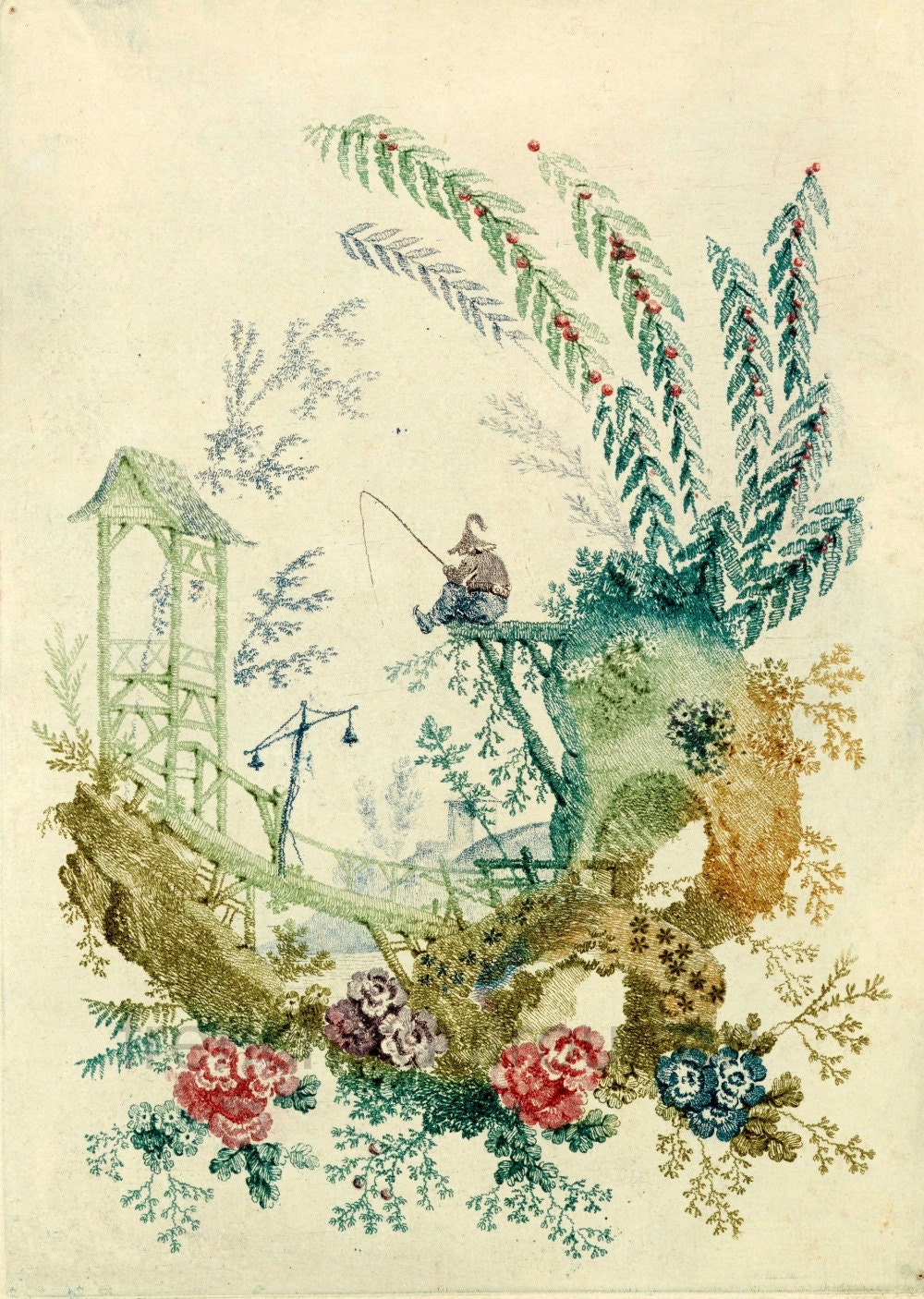 antique french chinoiserie wallpaper illustration fisherman