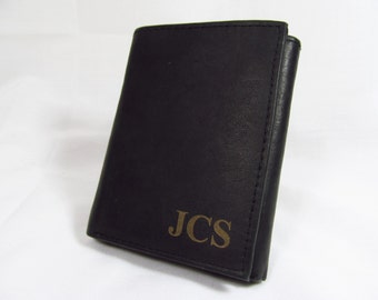 Personalized Leather Tri-Fold Black Men's Wallet Monogrammed, Boyfriend Gifts, Husband Gifts, Anniversary Gifts, Father's Day Gifts VERTICAL