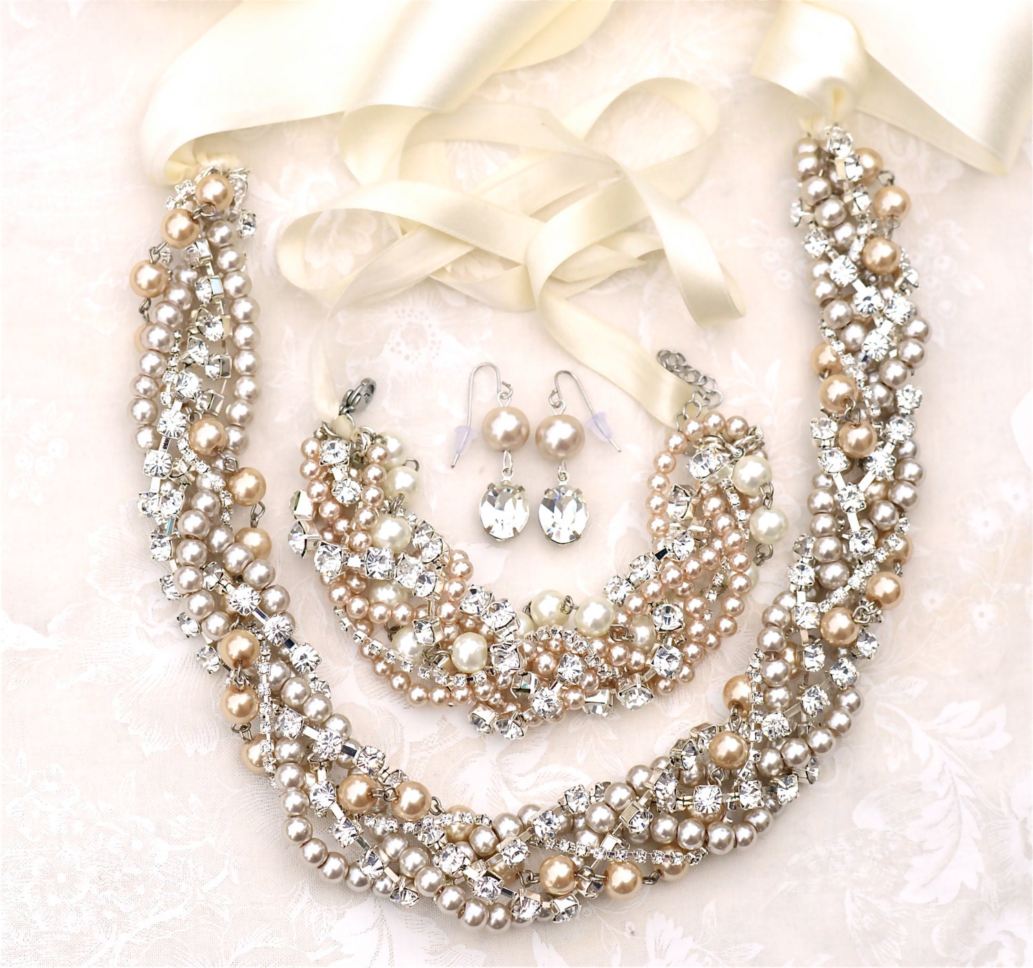 Chunky Pearl Necklace Bracelet Earrings Set Champagne Pearl