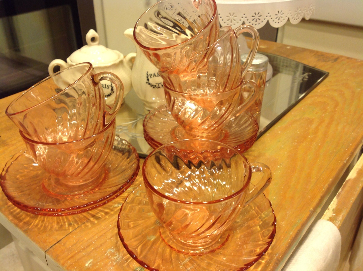 Beautiful Pink Glass Arcoroc France Cup And Saucers Open Stock Haute Juice