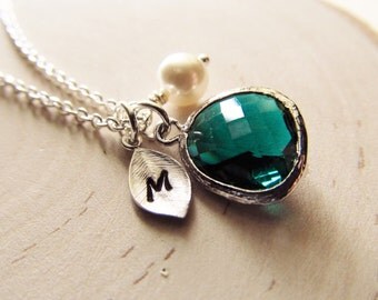 Emerald Necklace, Silver May Birthstone Necklace, Personalized Necklace, Birthstone Jewelry, May Birthday Gift, Simulated Emerald Jewelry