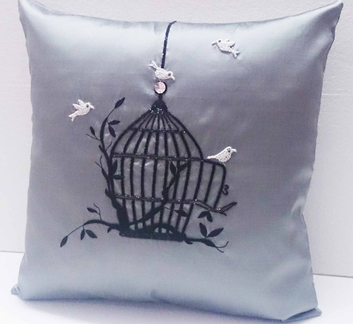 homedecor grey silk pillow vintage style birdcage by Tatvakala