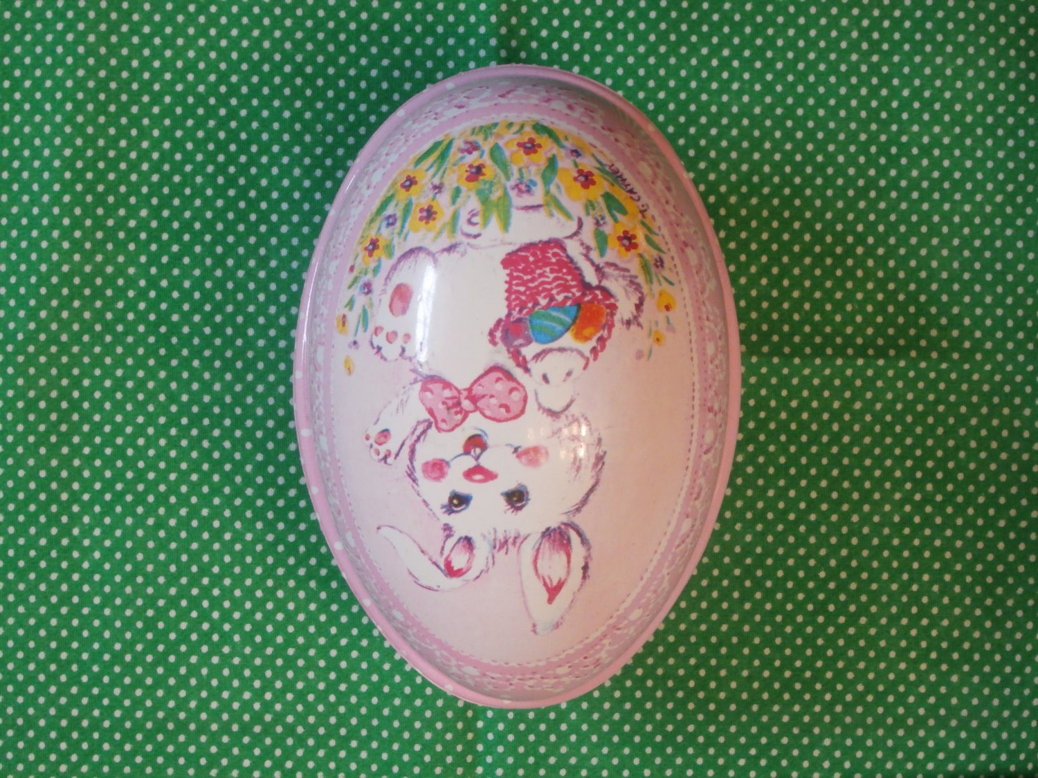 Easter Bunny Rabbit Dotted Pink Plastic Egg Shaped Container