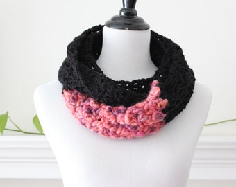 Crocheted Black Dark Orange Infinity Scarf Neckwarmer Cowl