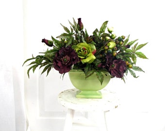 Floral Arrangement * Burgundy and Green * Spring Decor * Shabby Chic * Summer Centerpiece * Roses * Table Centerpiece * EnglishRoseDesignsOh