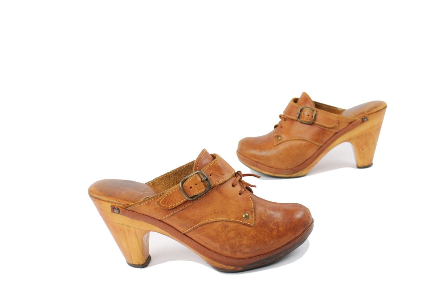 Vintage 70s Leather Clogs Mule Shoes Heels Pumps Womens