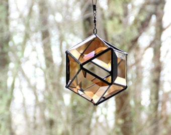 3-D hanging prism, glass suncatcher, light catcher glassart, bronze bevels, stained glass copper foil art, geometric hanging orb