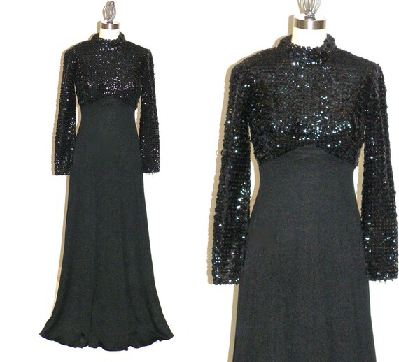 Vintage 1970s Dress Black Sequin 70s Maxi by daisyandstella