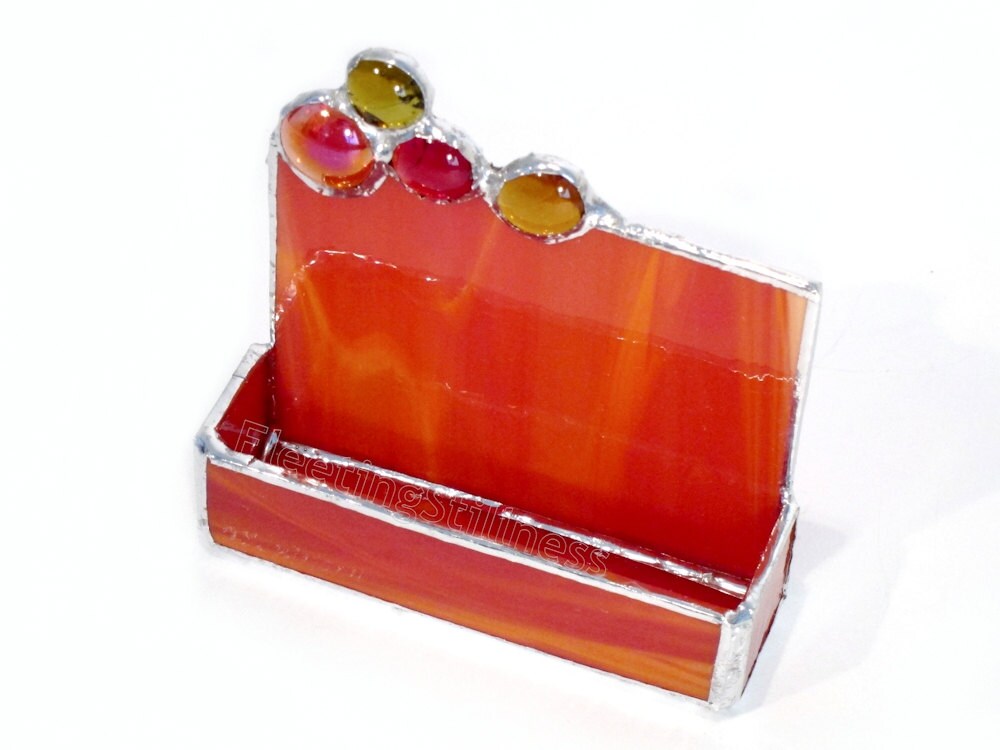 Red Business Card Holder Office Stained Glass Desk Accessories