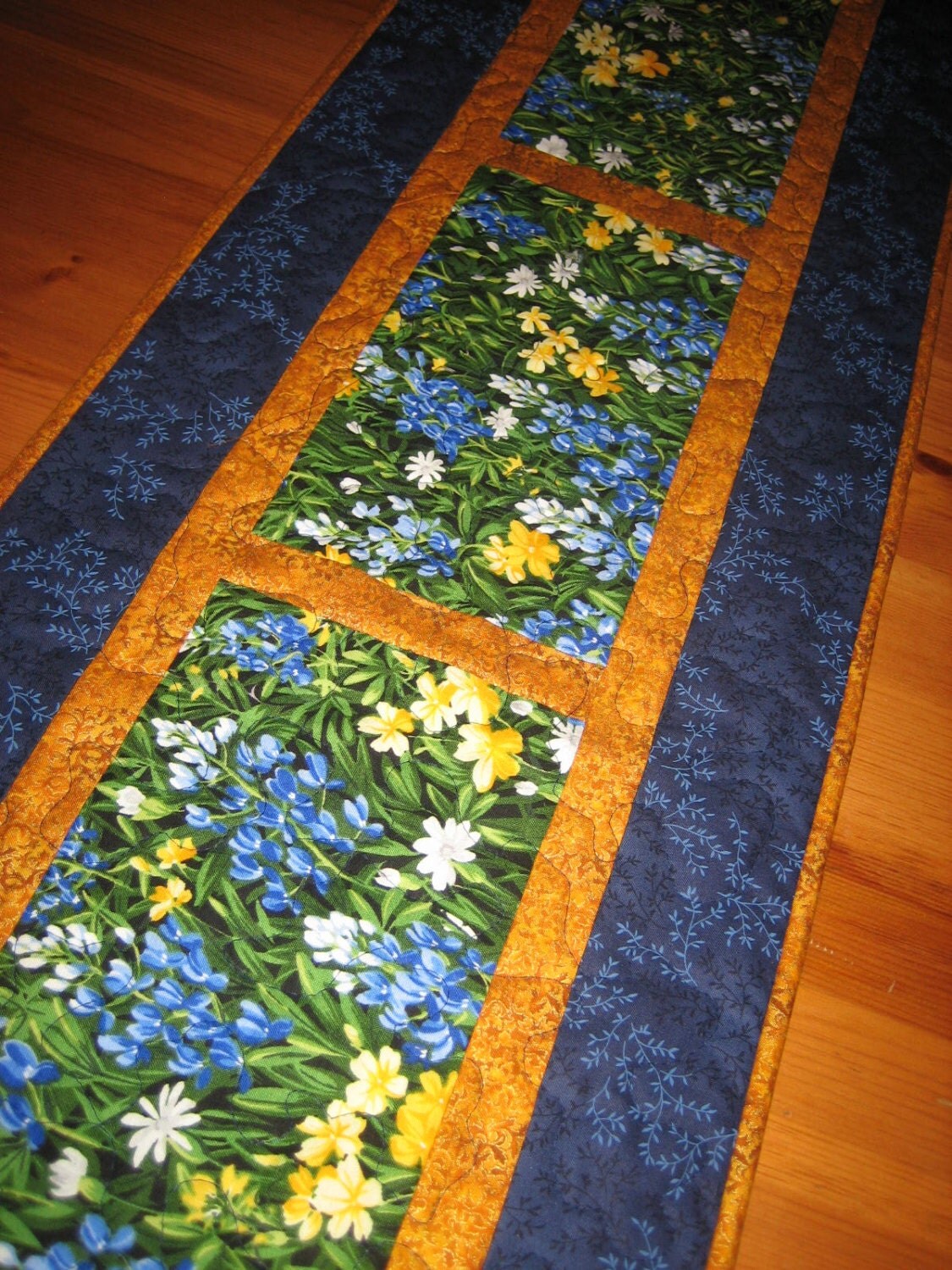 Table Runner Spring Summer Blue and Yellow Flowers by TahoeQuilts