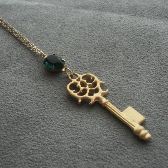 Key Necklace Key Jewelry Emerald Green Key Pendant by pink80sgirl