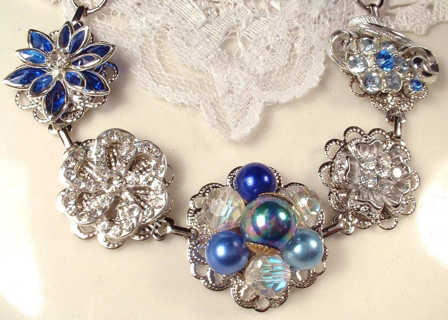 Shades of Sapphire Blue & Clear Pearl Crystal Rhinestone