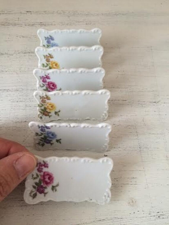 Vintage Porcelain White Floral Name Cards Tags Set of 6