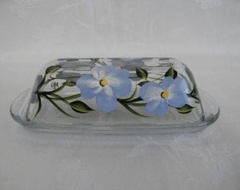 Butter dish, covered butter dish, glass butter dish, butter dish with lid, blue flowers, floral butter dish