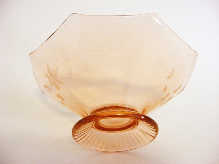 Pink Depression Glass Bowl Etched Flowers Fancy Footed by TidBitz