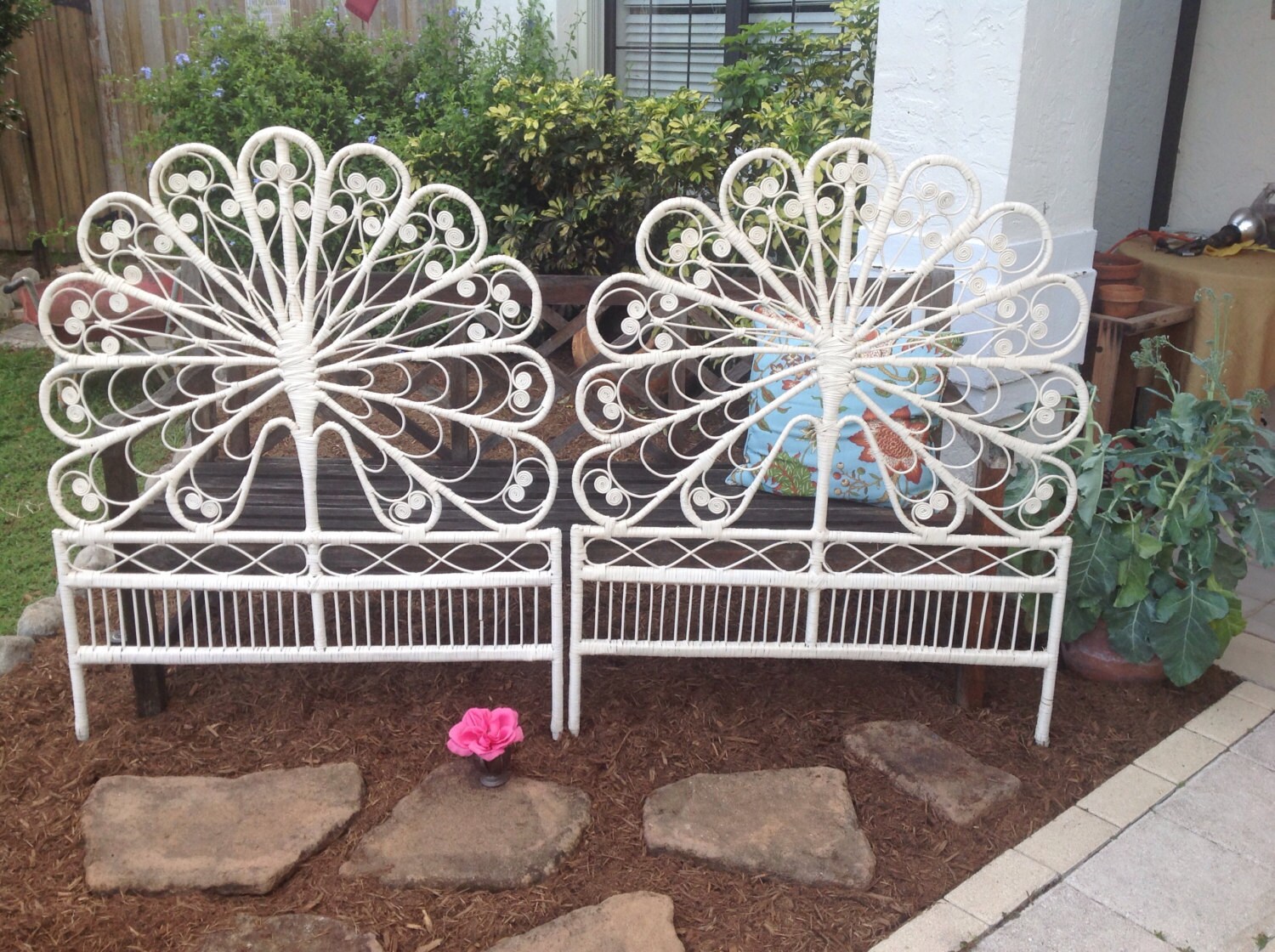 Vintage SHABBY CHIC BOHEMIAN Wicker Scroll One Twin Headboard Peacock Headboard Cottage Bohemian