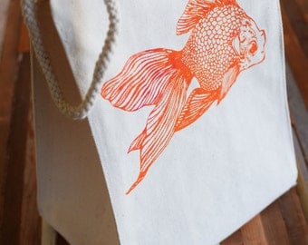 Reusable Lunch Bag - Screen Printed Recycled Cotton Lunch Bag - Eco Friendly Lunch Box - Goldfish - Canvas Tote Bag - Lunch Sack - Handmade